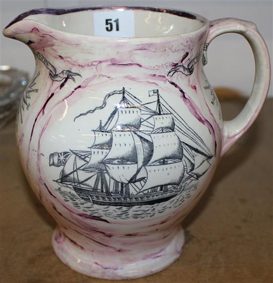 Sunderland pink lustre ship jug(-)